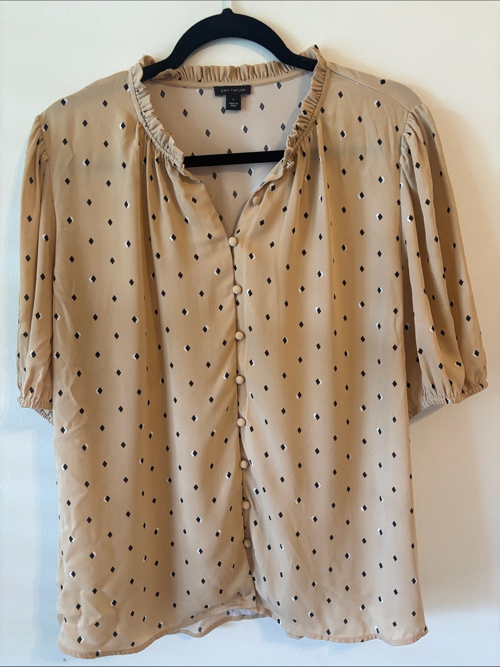 Ann Taylor Beige Blouse with Black Diamond Print and Ruffle Neck